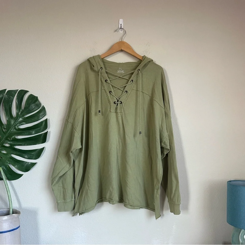 Aerie Oversized Lace Up Cotton Hoodie Sweatshirt - Picture 1 of 12